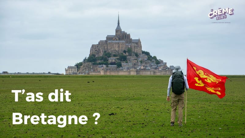Le Mont-Saint-Michel au loin sous un ciel gris ; au premier plan, un marcheur de dos traverse un pré en portant un grand drapeau normand rouge aux léopards. Texte incrusté : T’as dit Bretagne ?